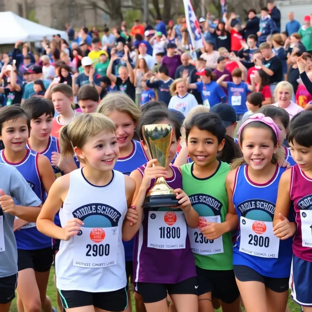 Maryville Middle School Cross Country teams celebrating at state championships.