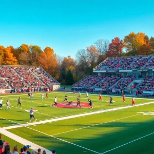 Football players in action on a sunny field surrounded by enthusiastic fans