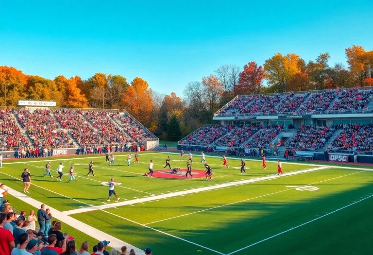 Football players in action on a sunny field surrounded by enthusiastic fans