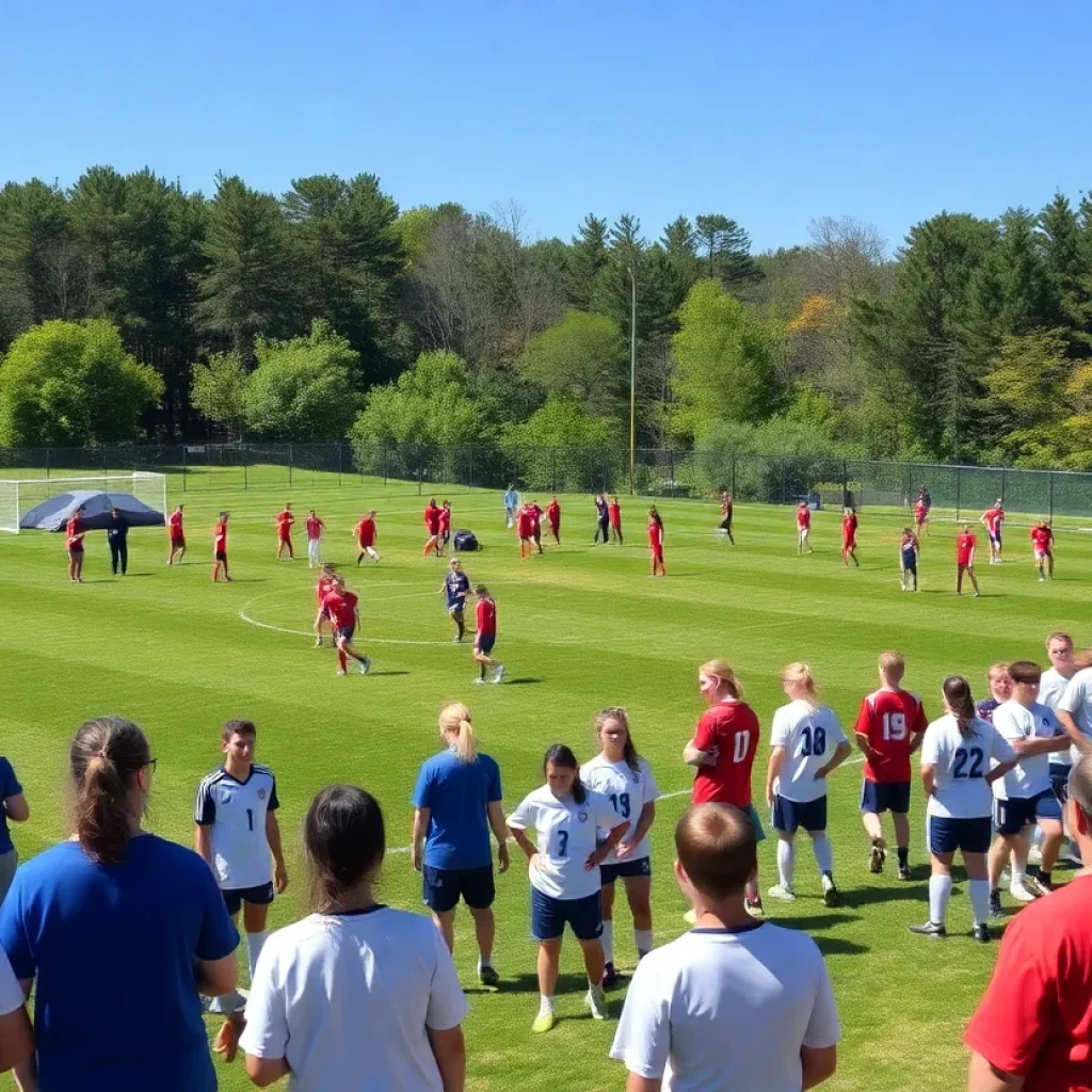 Players practicing soccer at a high school in Massachusetts.