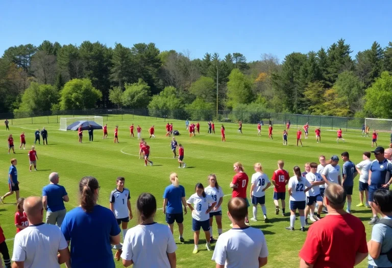 Players practicing soccer at a high school in Massachusetts.