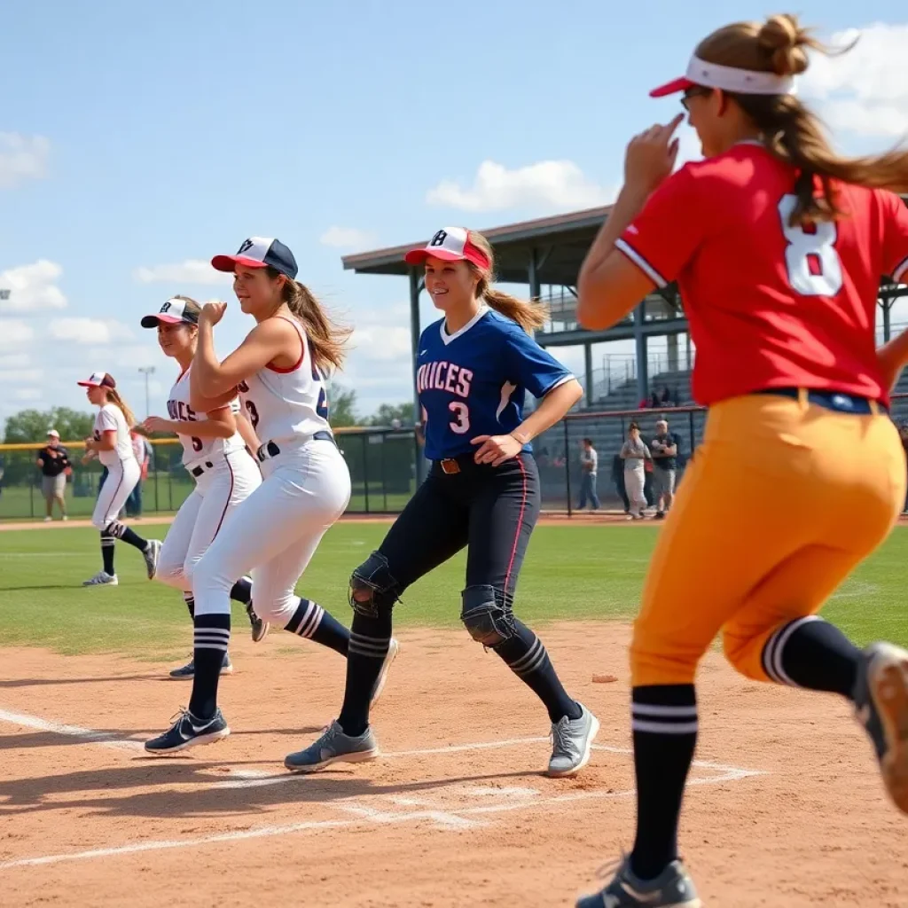 Meeker High School softball team playing during a doubleheader game.