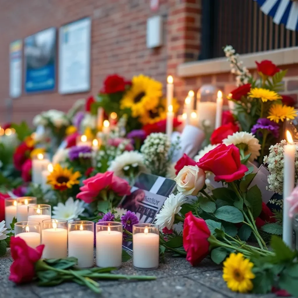 Memorial setup honoring a student athlete with flowers and candles
