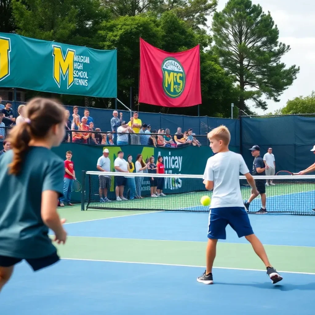 Teenage boys playing tennis in a competitive tournament setting