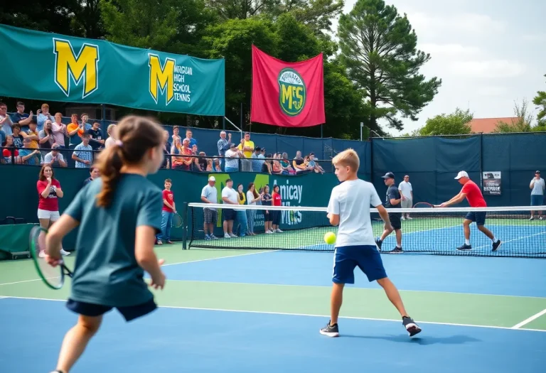 Teenage boys playing tennis in a competitive tournament setting