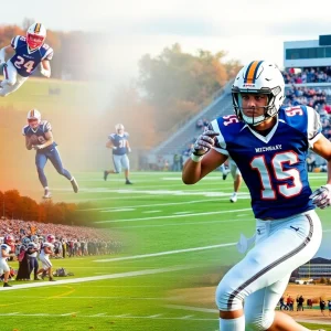 Collage of high school football players and a cheering crowd during playoffs in Michigan.