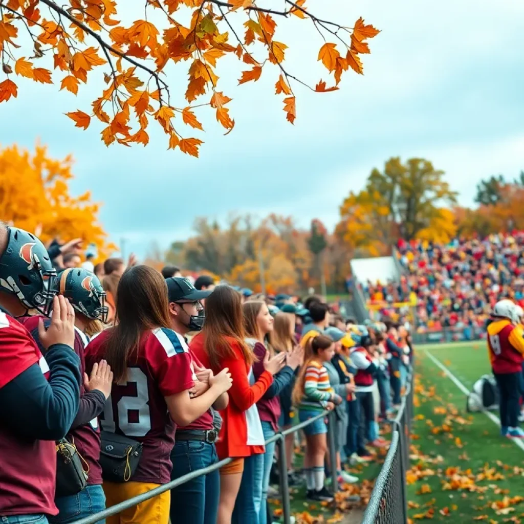 Fans at a Michigan high school football game in autumn.