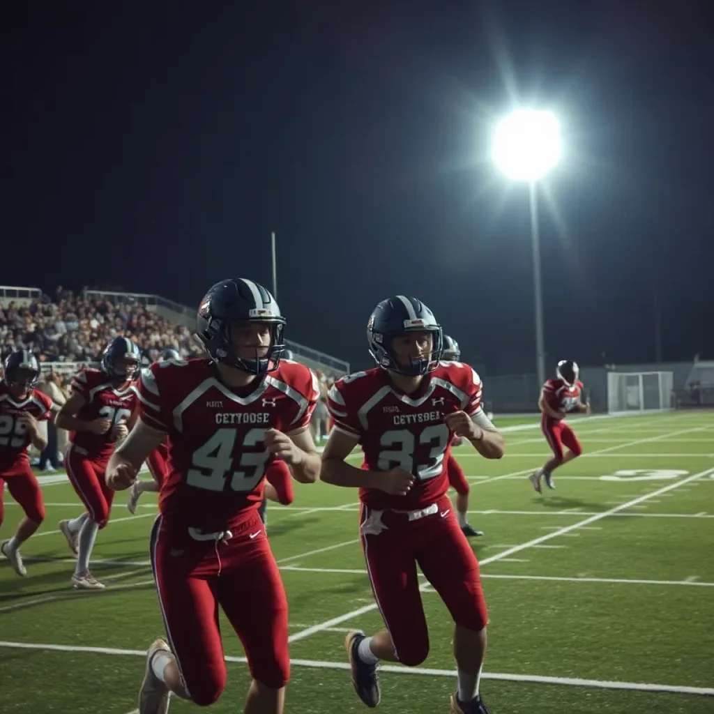 High school football players in action during a game.