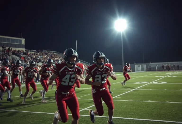 High school football players in action during a game.