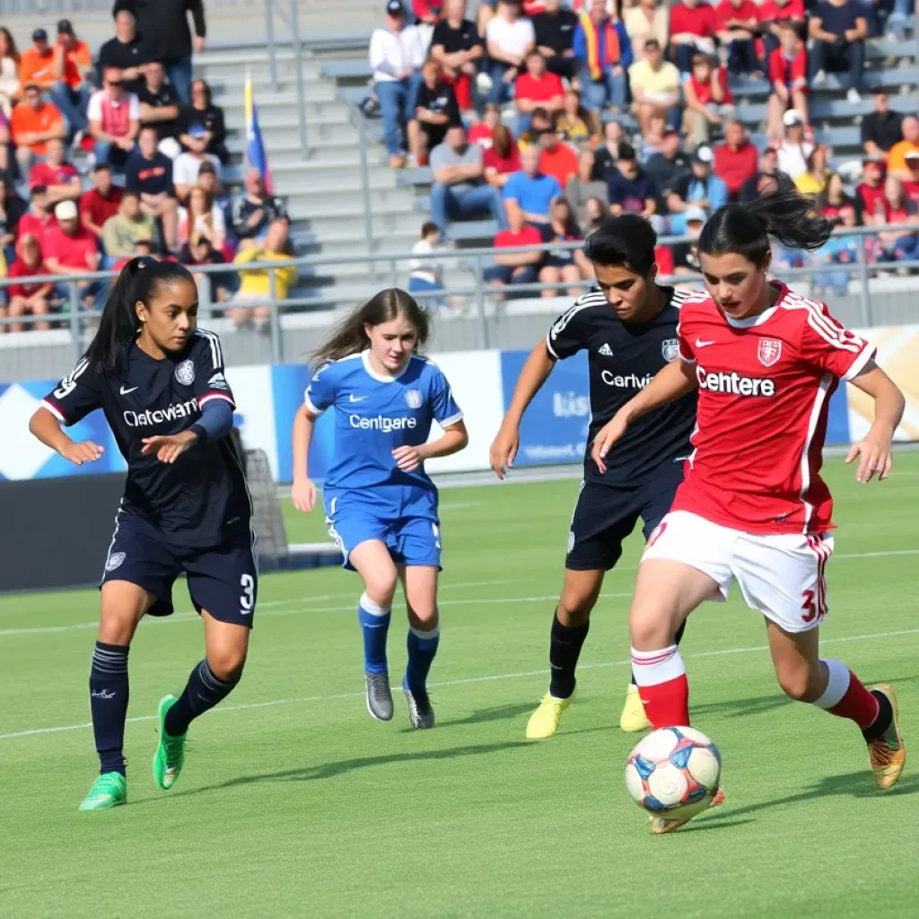 High school boys soccer players in action during a match in Milwaukee.