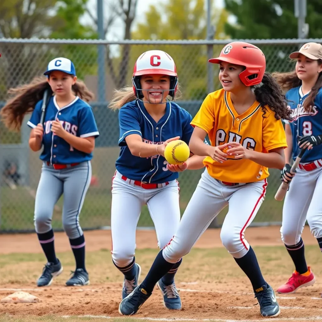 Girls participating in a competitive softball game.
