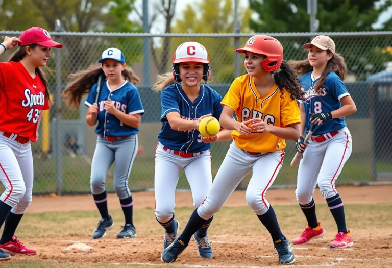 Girls participating in a competitive softball game.