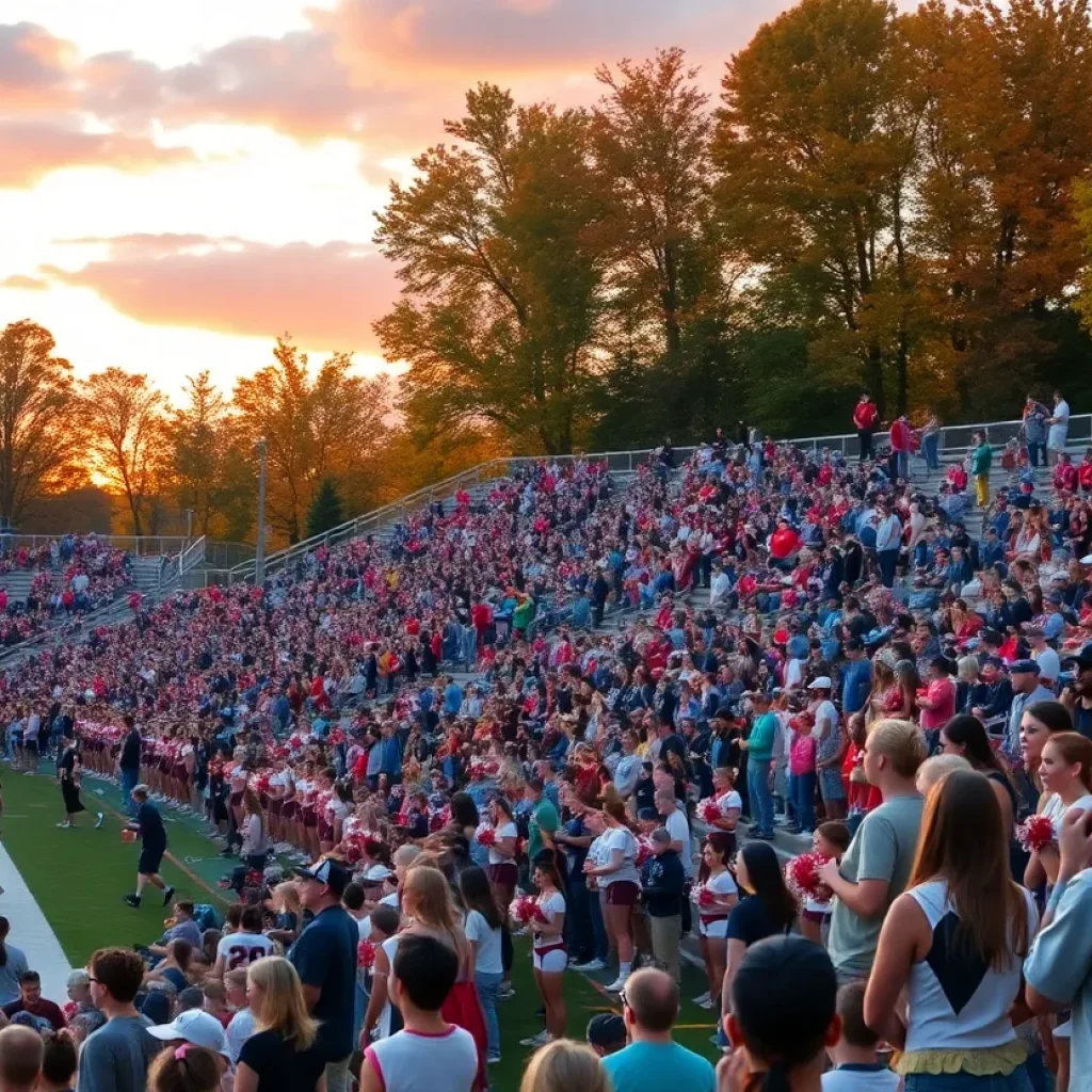 High school football game crowd and players in action