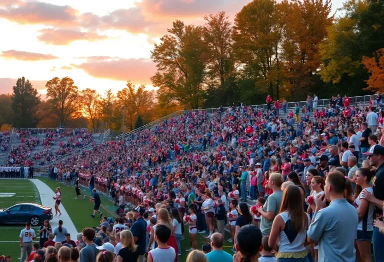 High school football game crowd and players in action