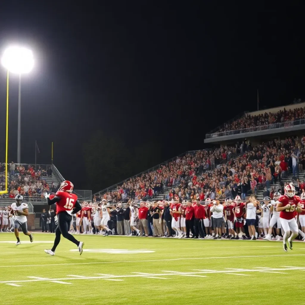Players in a high school football game during playoffs with fans cheering in the background.