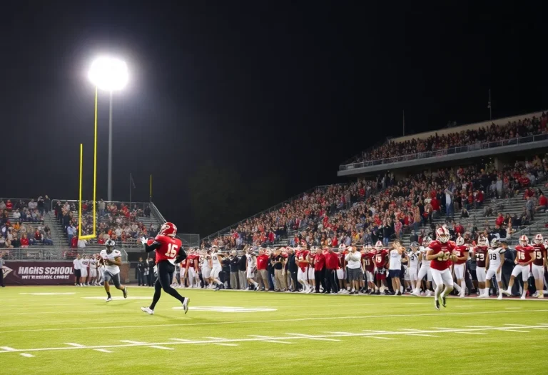 Players in a high school football game during playoffs with fans cheering in the background.
