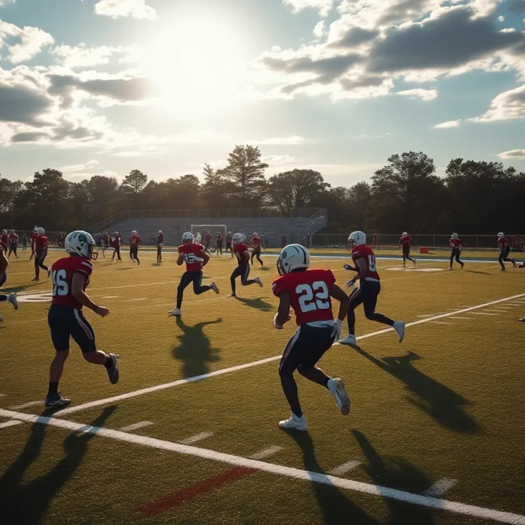 Football players from Mission Hills High School in action on the field.