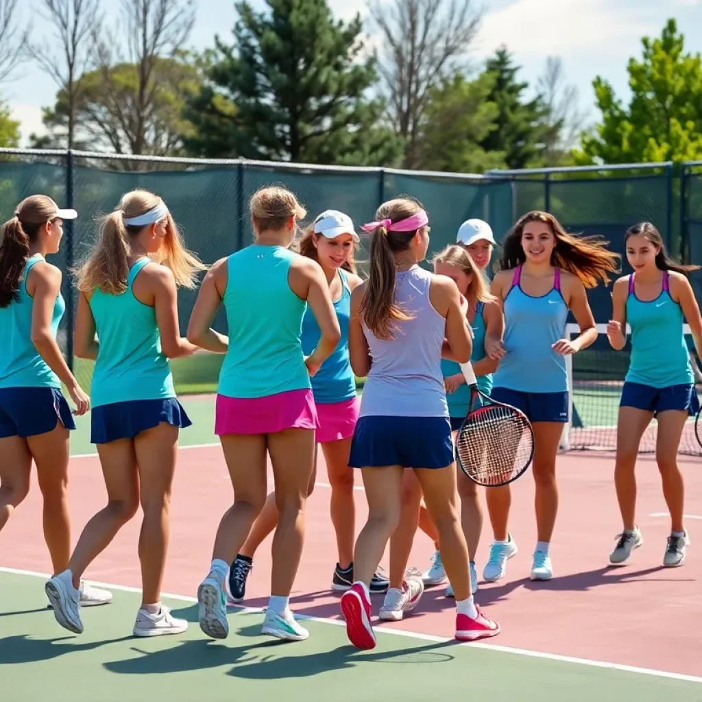 Girls high school tennis team playing match