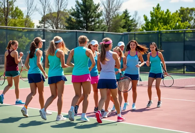 Girls high school tennis team playing match