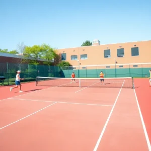 Monroe High School tennis courts with players practicing