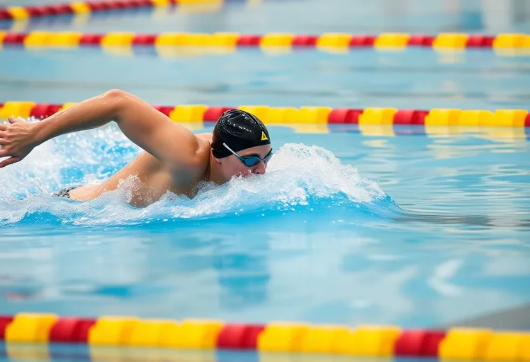 High school swimmer racing in a pool