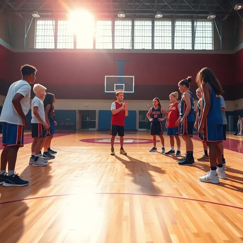 Morehead State Women's Basketball team in a huddle on the court