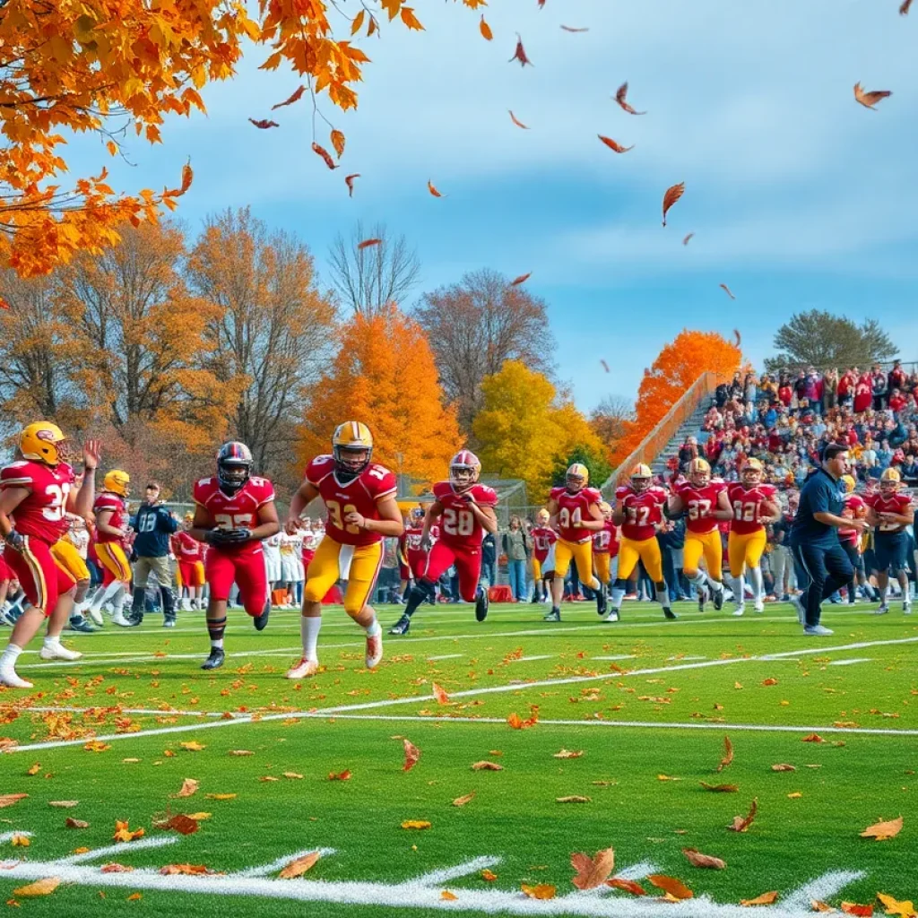 High school football players on the field during an autumn match