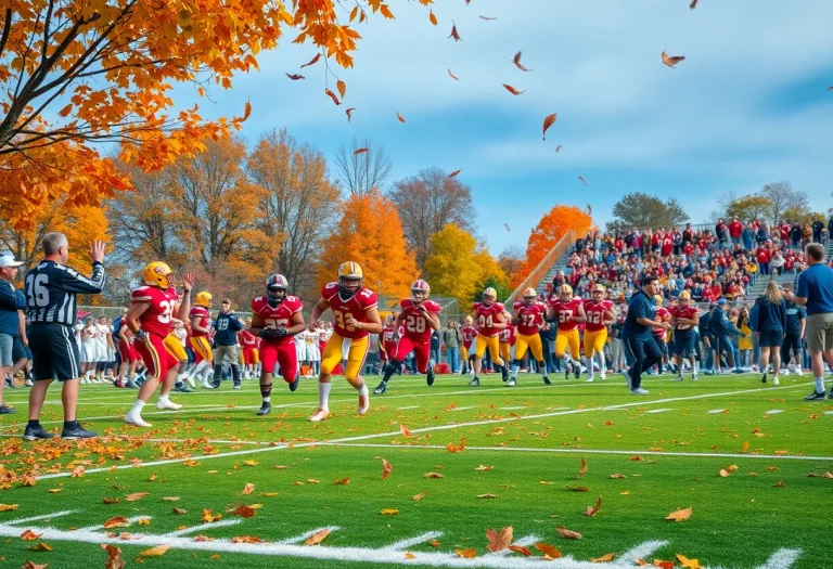 High school football players on the field during an autumn match