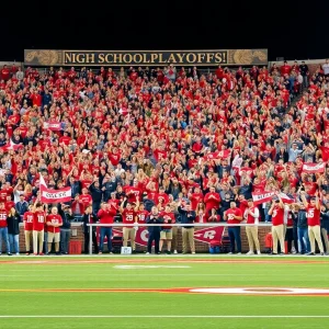 Fans cheering at a Nebraska high school football playoffs game.