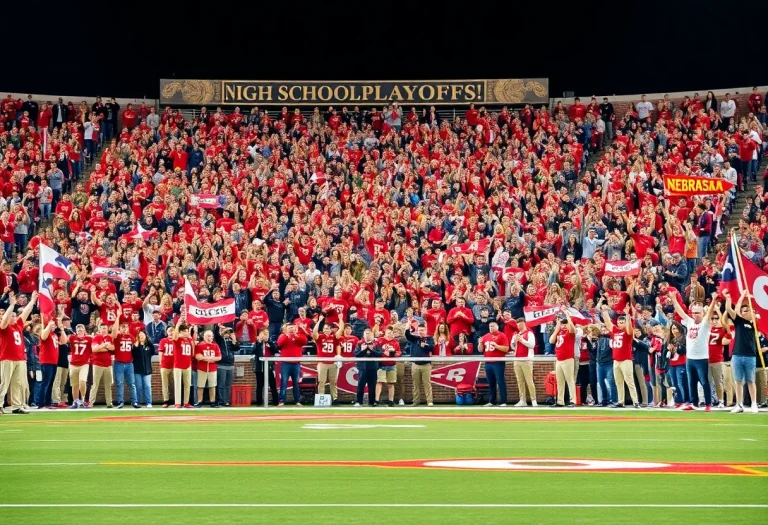 Fans cheering at a Nebraska high school football playoffs game.