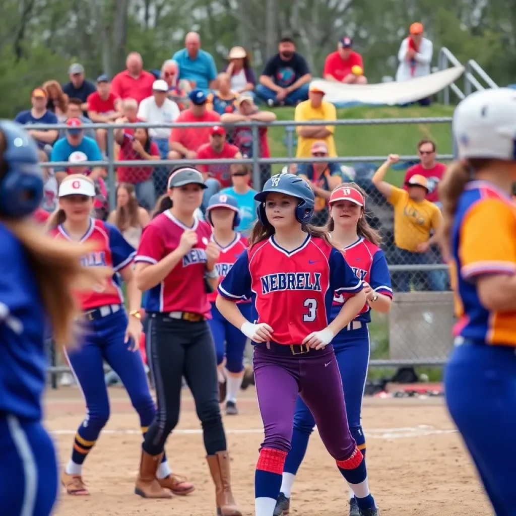 High school softball players in action during a game in Nebraska.