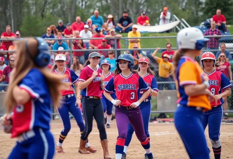 High school softball players in action during a game in Nebraska.
