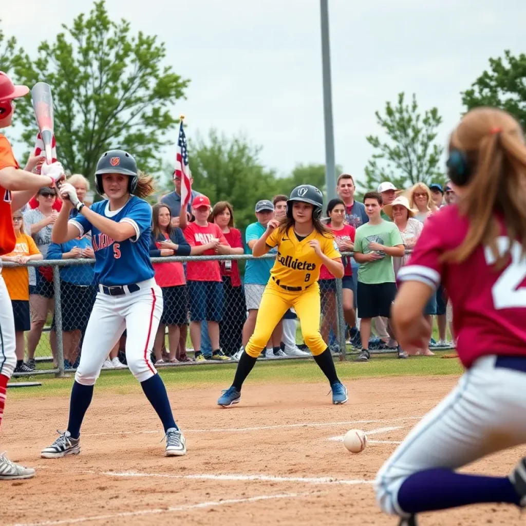 Nebraska high school softball players in action during a game.