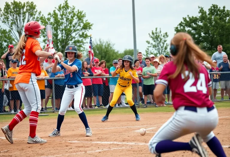 Nebraska high school softball players in action during a game.