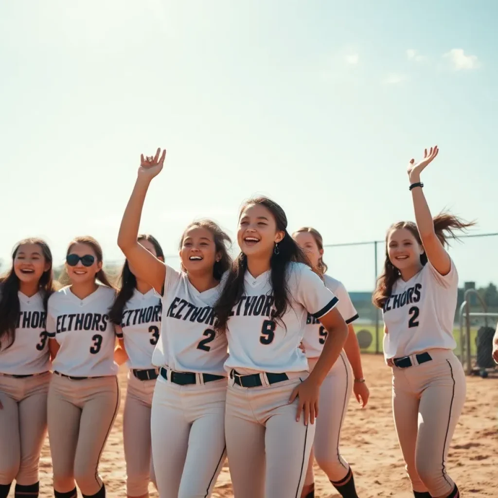 Young female softball players celebrating on a field