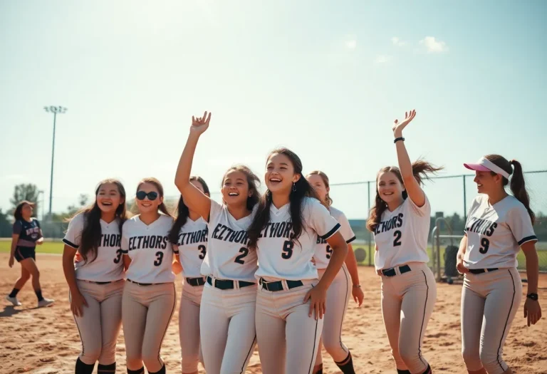 Young female softball players celebrating on a field