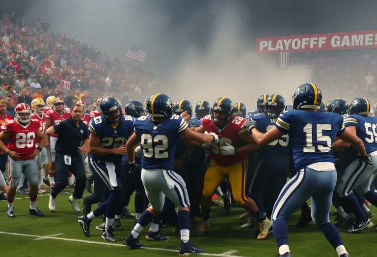 Players on field during a brawl at a high school football game in Newark