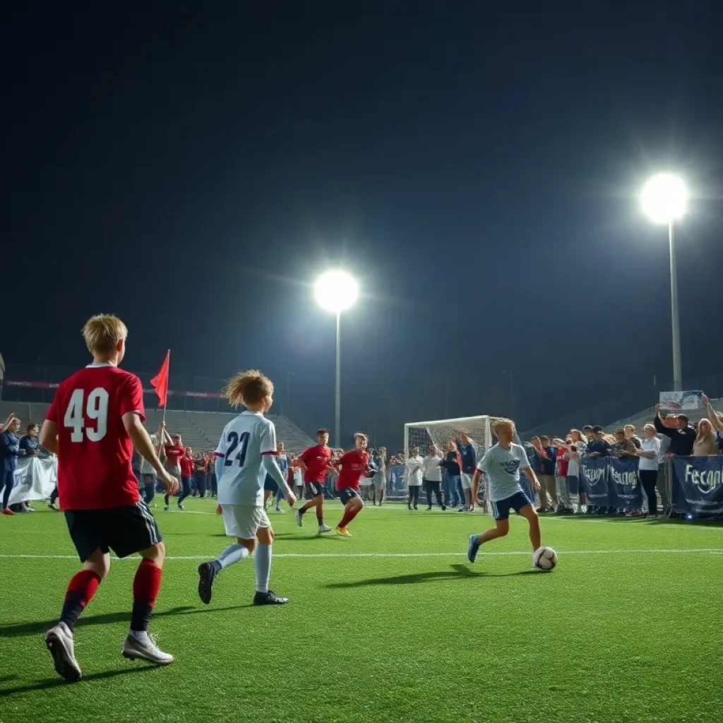 Soccer players competing in a high school game under bright lights.