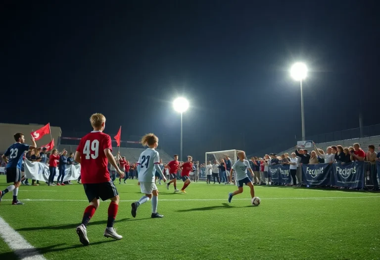 Soccer players competing in a high school game under bright lights.