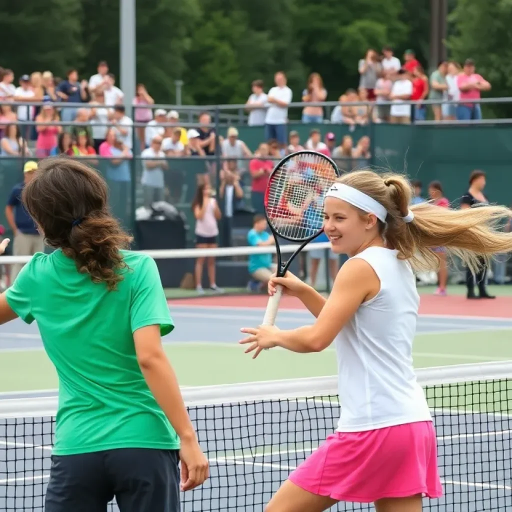 High school tennis match in North Carolina featuring players competing intensely on the court.
