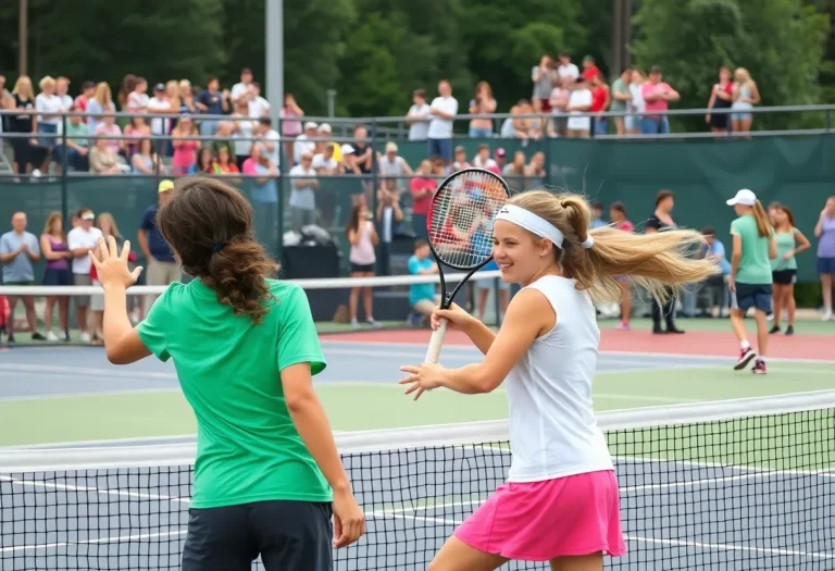 High school tennis match in North Carolina featuring players competing intensely on the court.