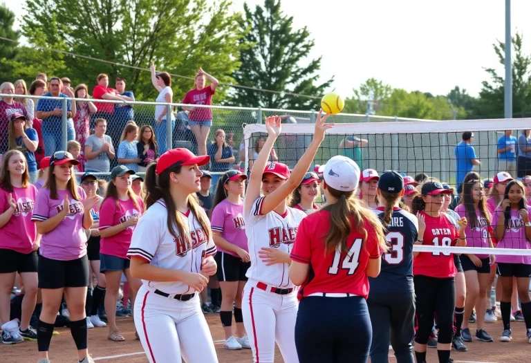 High school athletes competing in softball and volleyball