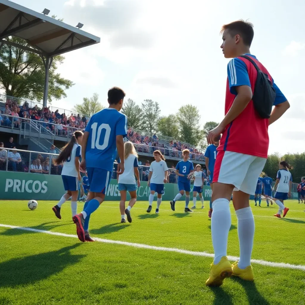 High school soccer teams warming up for the tournament