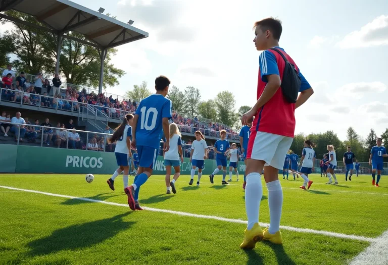 High school soccer teams warming up for the tournament