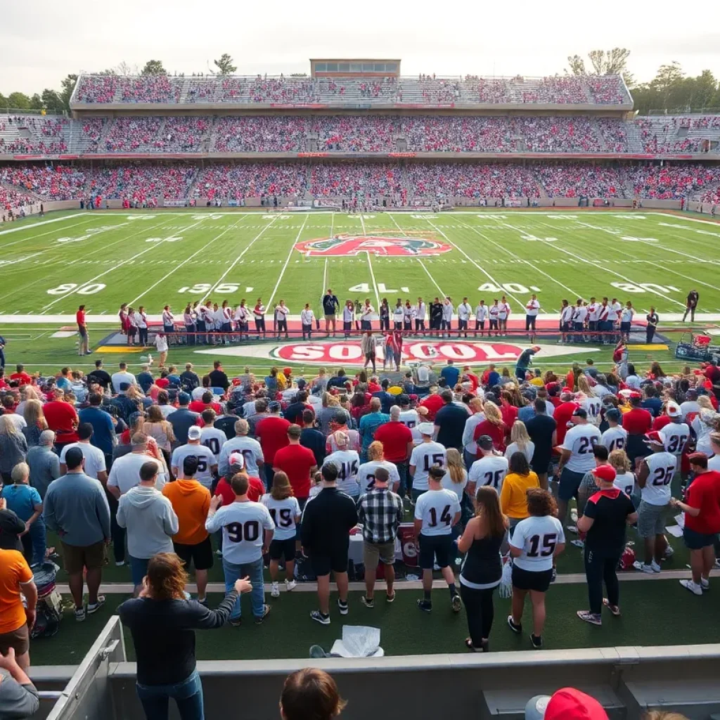Fans cheering in a crowded high school football stadium
