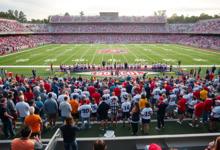 Fans cheering in a crowded high school football stadium