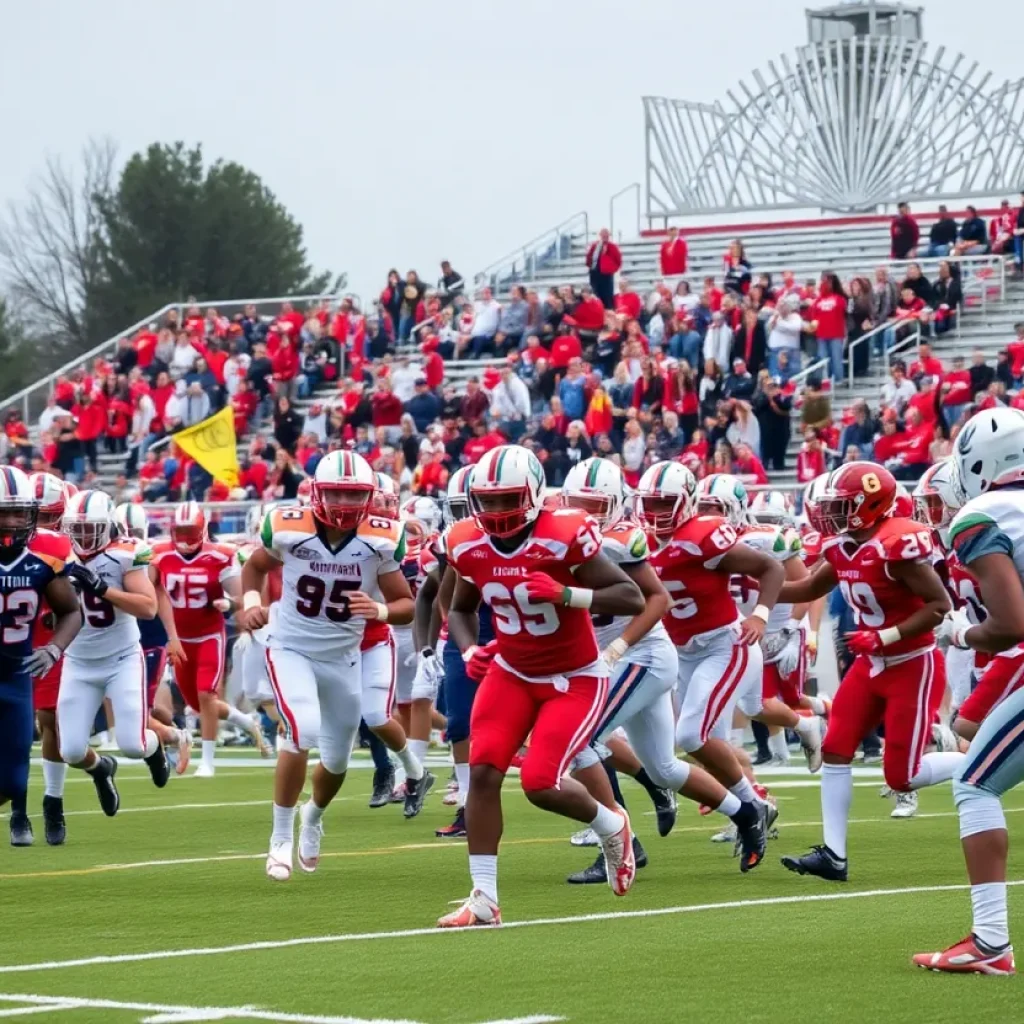 Players on the field during a high school football game in Ohio