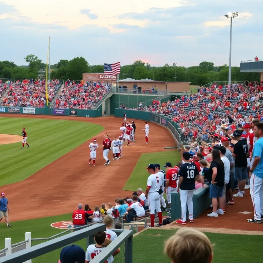 Baseball field with players and fans at Oklahoma high school tournament