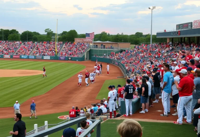 Baseball field with players and fans at Oklahoma high school tournament