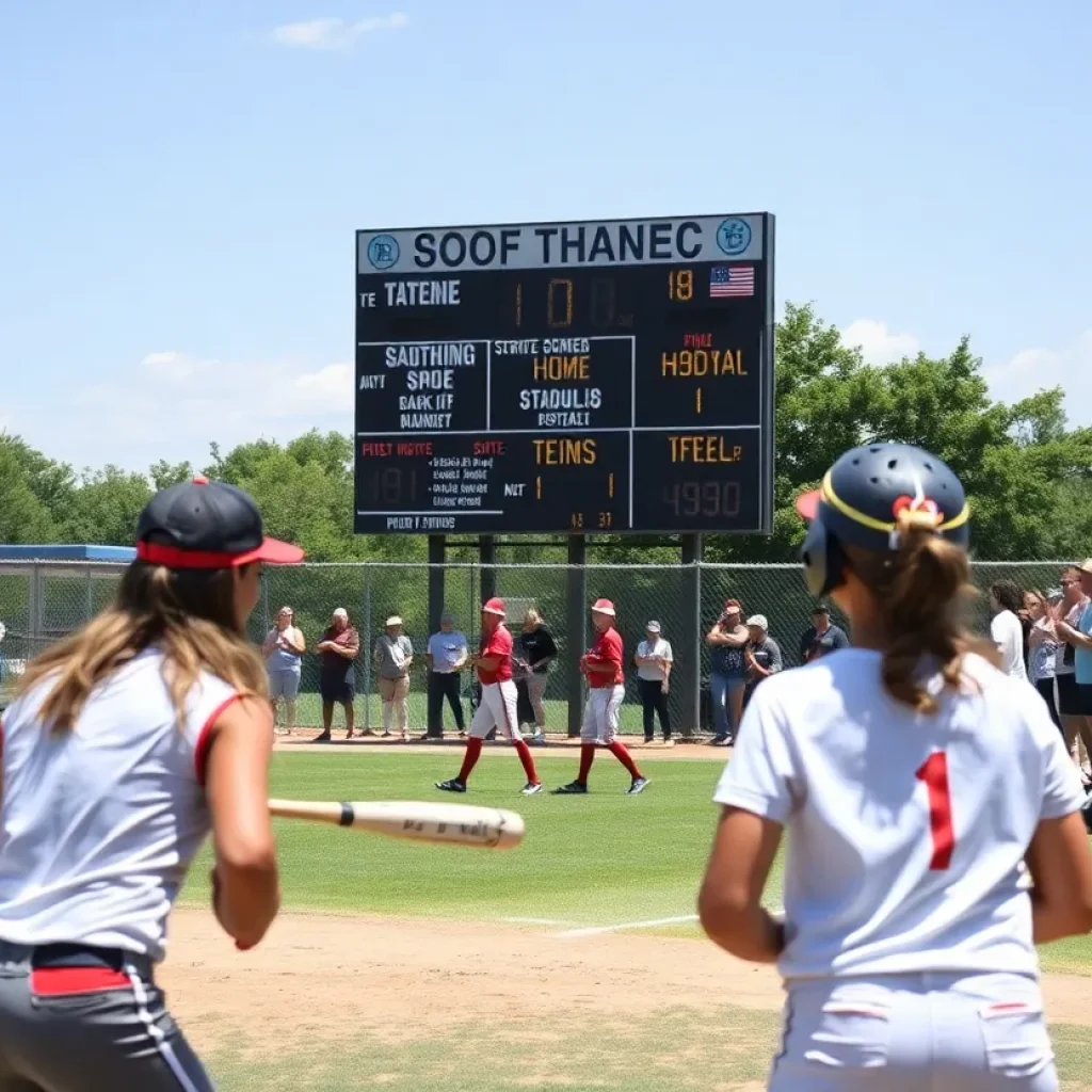 Crowd and players at the Oklahoma high school fastpitch softball tournament at Devon Park